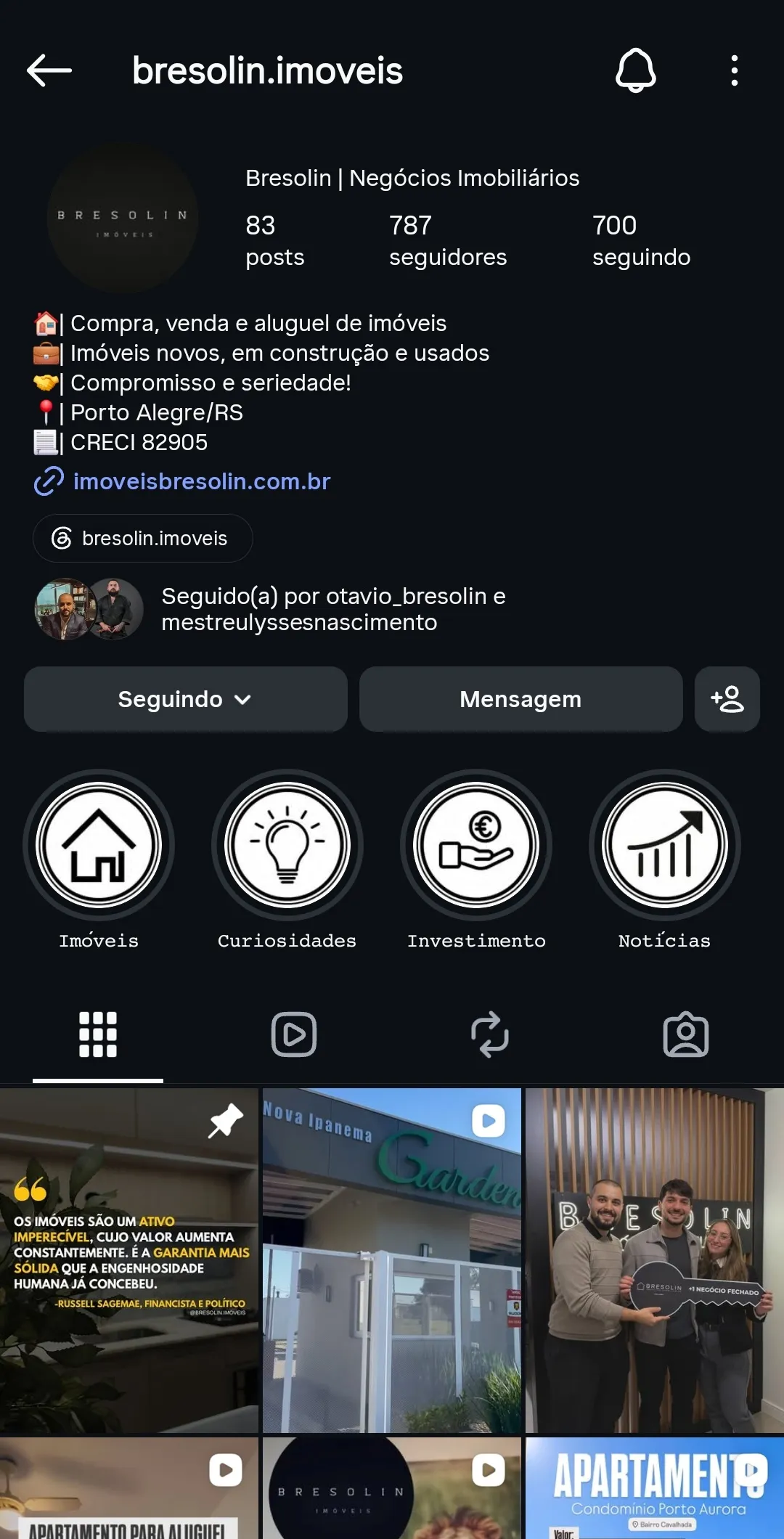 Perfil da Imóveis Bresolin no Instagram